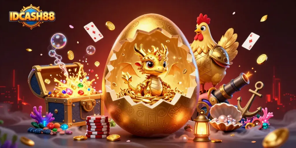 Experience high-stakes excitement with IDCASH88 as the golden dragon emerges from a nest of poker chips.