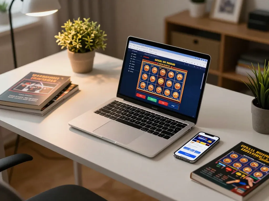 Engage with votekindness while exploring slot games on a stylish home gaming setup featuring laptop and smartphone apps.