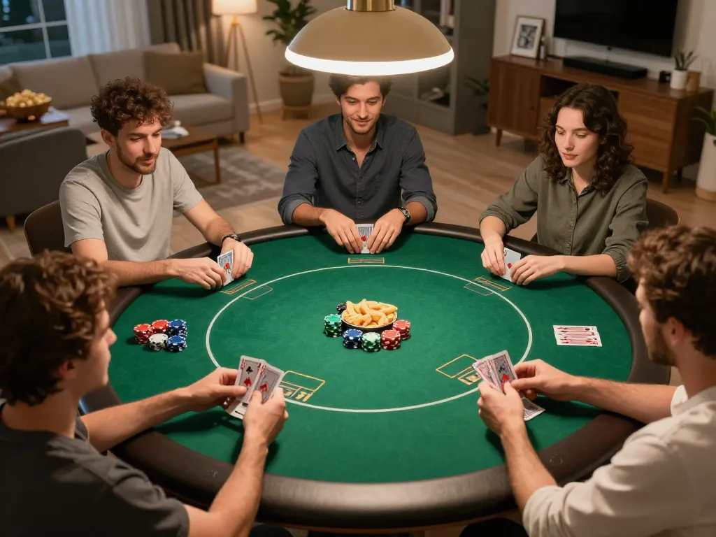Players enjoying a home poker night with friends, showcasing the engaging atmosphere with jun 88 chips and cards.
