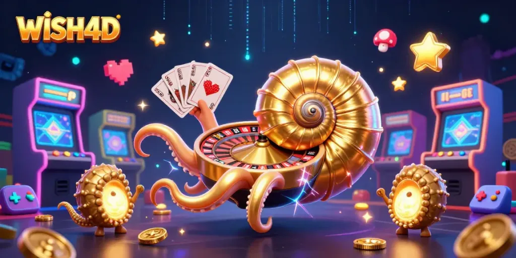 WISH4D enhances the gaming experience with vibrant visuals of a nautilus roulette wheel surrounded by dynamic casino elements.
