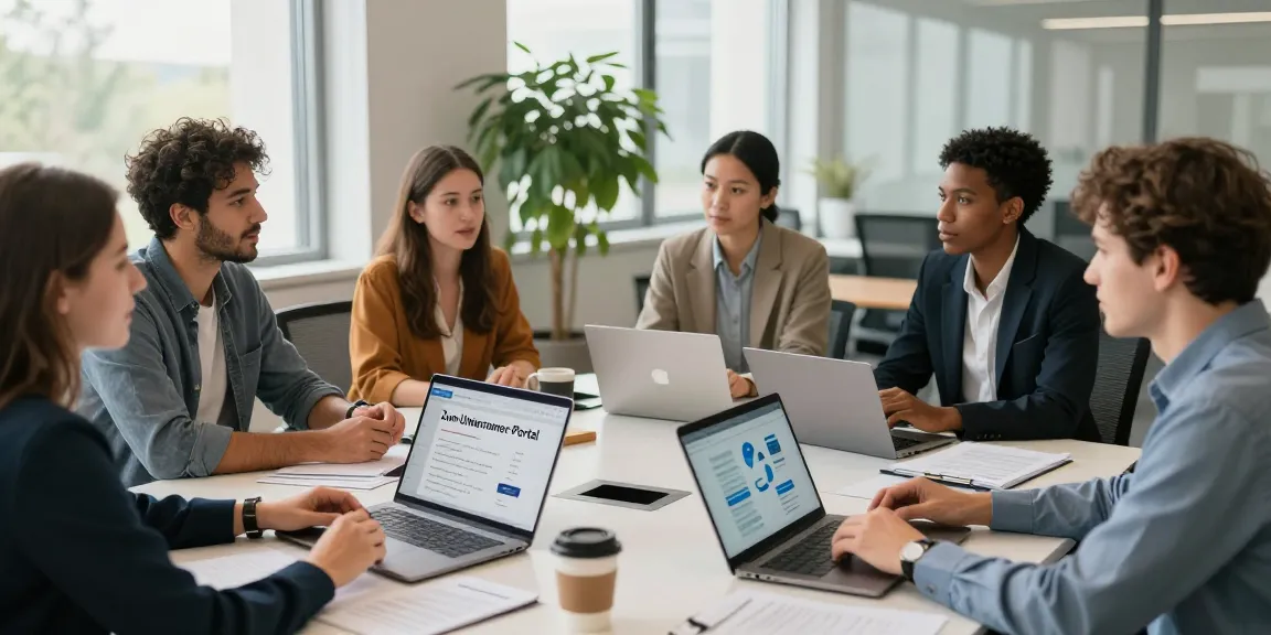 Entrepreneurs discussing strategies at the Zum Unternehmer-Portal in a modern office setup.