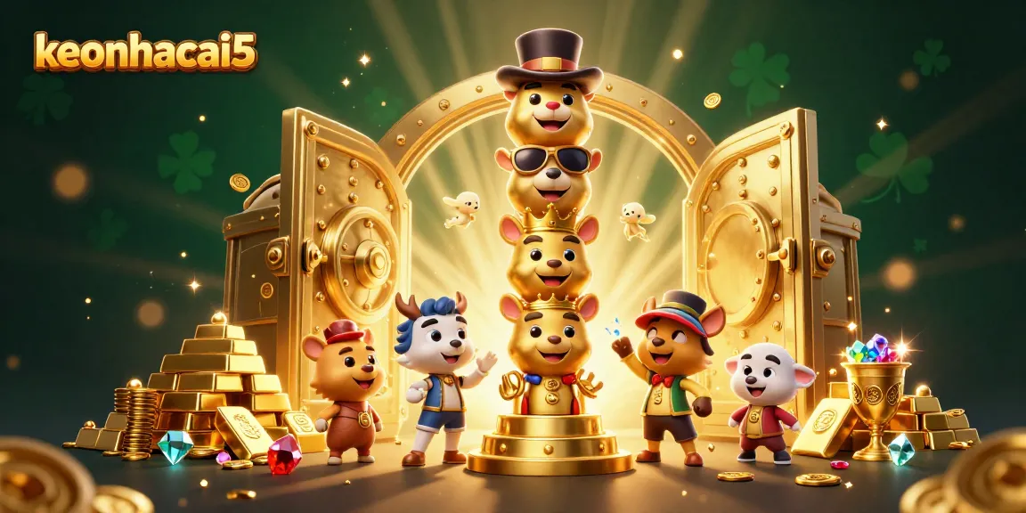 Join the excitement at keonhacai5 with vibrant casino-themed 3D art featuring golden treasures and lively totems.