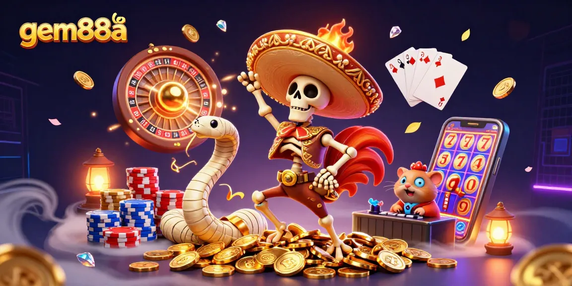 Experience the vibrant casino excitement of gem88a with a jubilant skeleton mariachi and dynamic gaming elements.