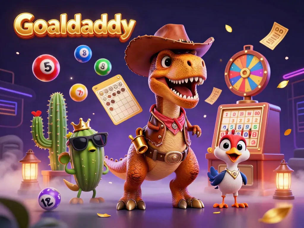 Experience Goaldaddy with a lively scene of a cartoon dinosaur, cactus, and roadrunner amidst colorful lottery elements.
