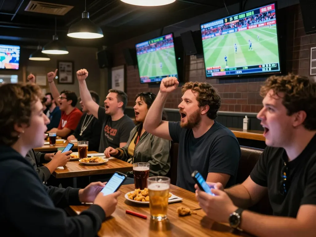 Kèo nhà cái hôm nay in action as sports fans engage in live betting at a bustling sports bar, excitement visible in the air.