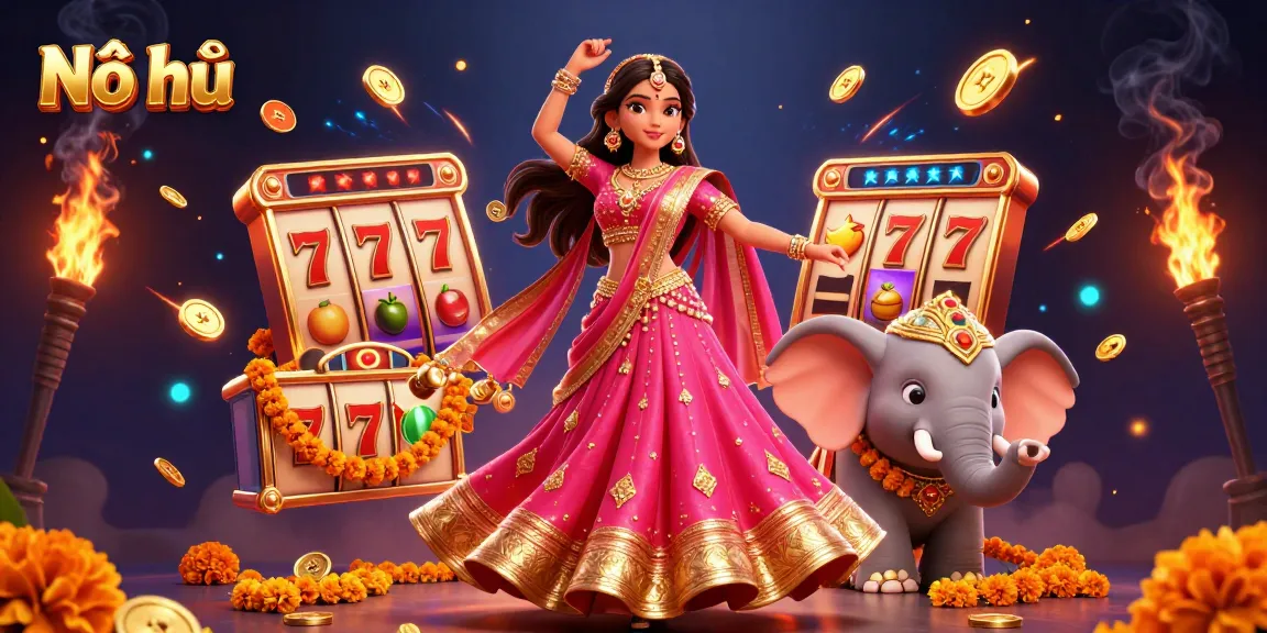 Nổ hũ slot game jackpot scene featuring an Asian woman in vibrant attire and a 3D elephant, celebrating wins.