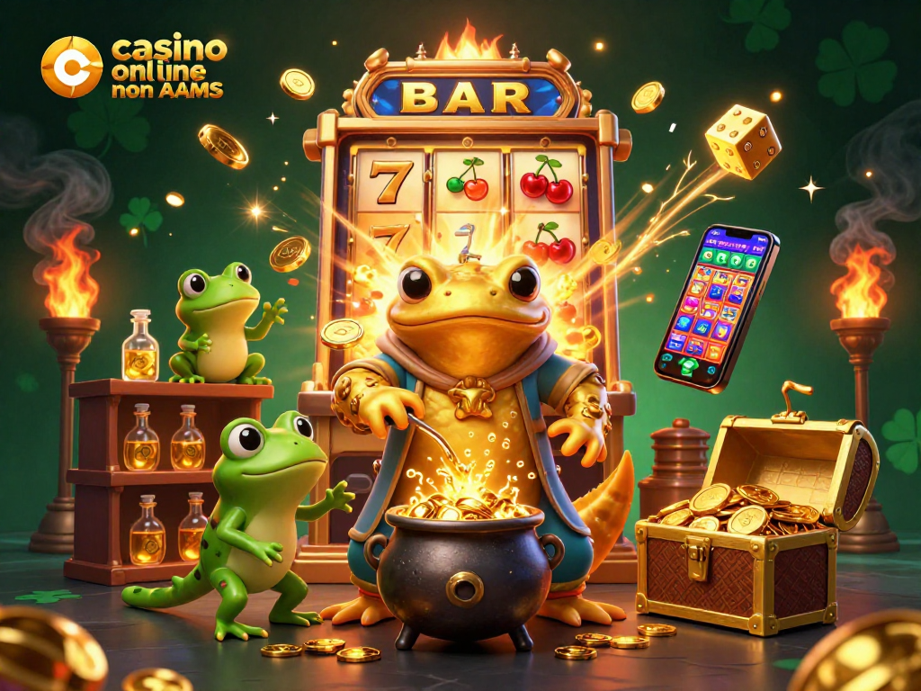 Gioca nei migliori casino online non AAMS, visualizza un alchimista d'oro e simboli di slot che esplodono con ricchezze.