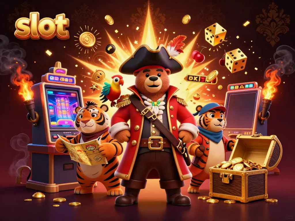 Engaging slot scene featuring a pirate bear, tiger, and treasure bursting with coins