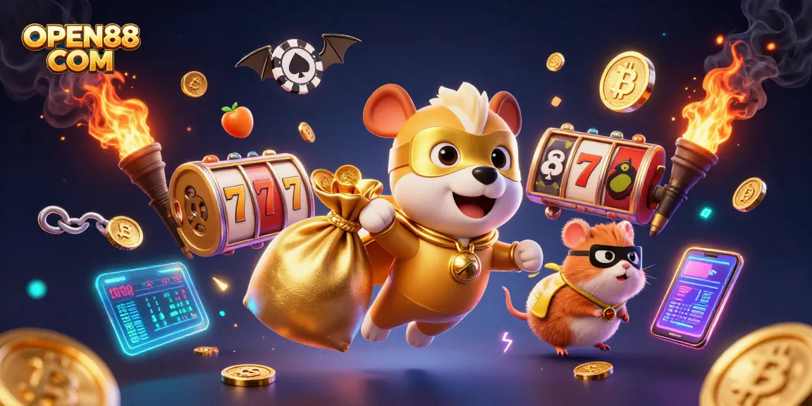 Experience thrilling wins at OPEN88 COM with a 3D superhero dog and slot elements sparkling amidst casino excitement.