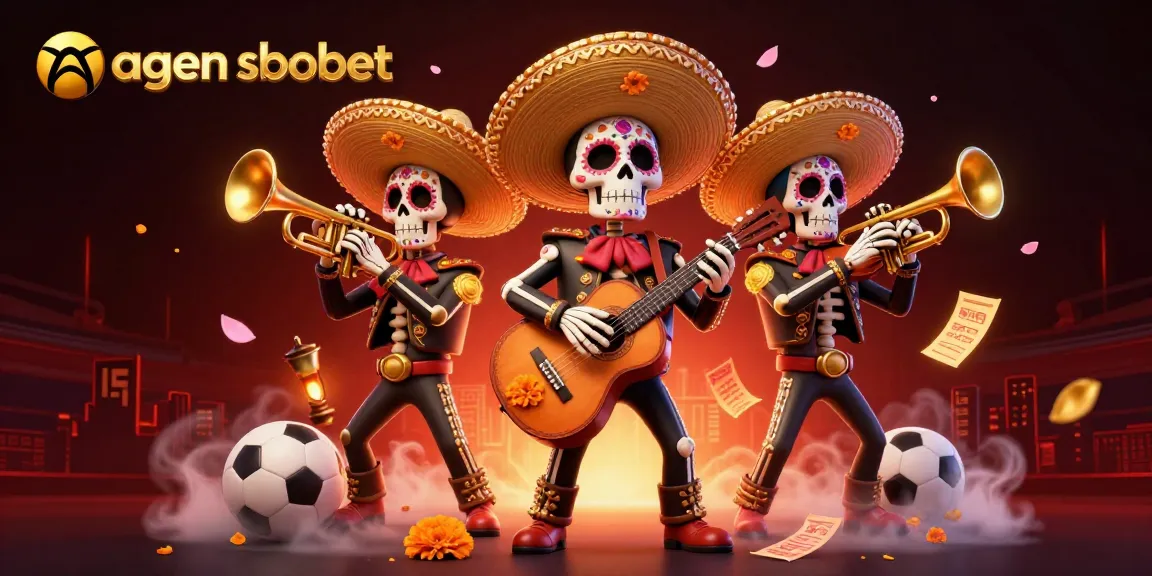 A vibrant scene featuring mariachi skeletons celebrating with agen sbobet sports betting elements, showcasing action and excitement.