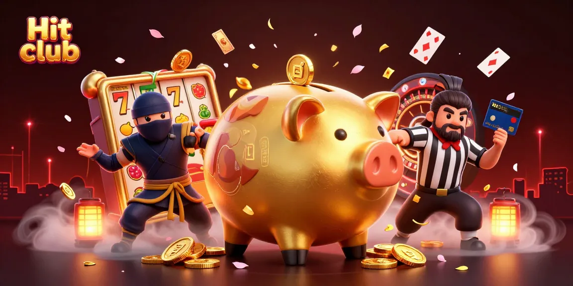 Win big at Hit club with an exciting illustration of a golden piggy bank sumo wrestler in action.