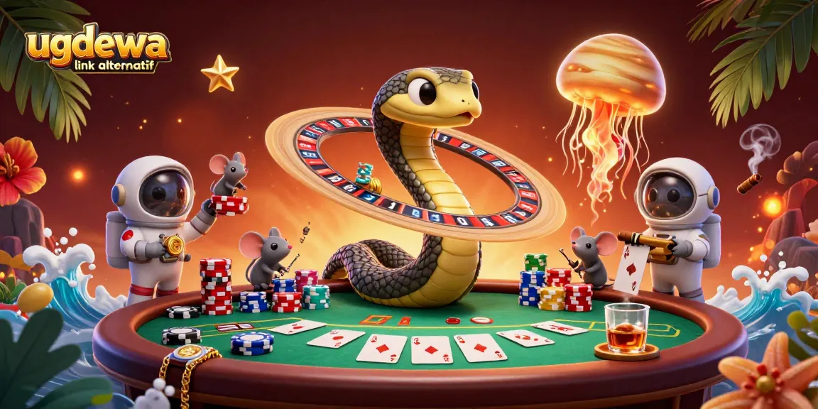 Bet with the ugdewa link alternatif in a vibrant 3D casino scene featuring a Saturn ring snake and astronaut mice.