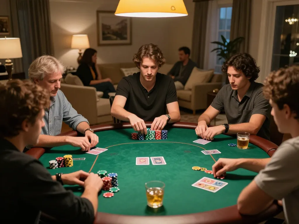 Engage in a high-stakes poker game at home with llwin, showcasing players and colorful chips.