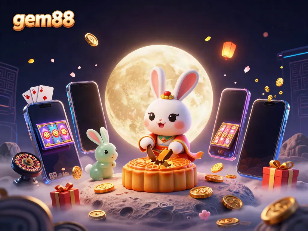 Experience gem88's thrilling gaming atmosphere as a moon rabbit reveals poker chips inside mooncakes.