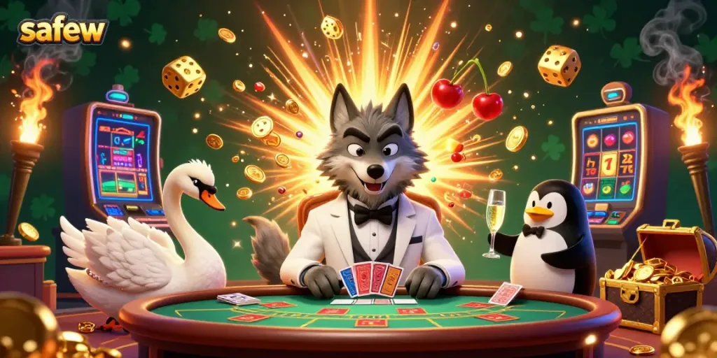 Engage in thrilling baccarat with safew, featuring a debonair wolf and charming characters in a vibrant casino.