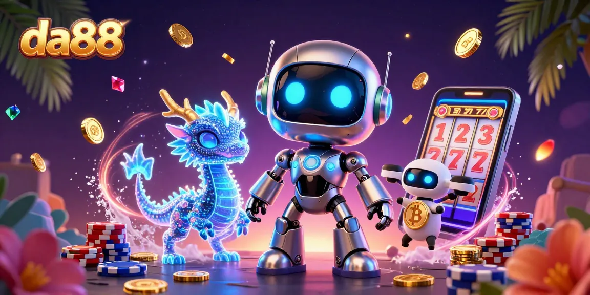 Experience the vibrant da88 gaming scene with a cyberpunk robot, holographic dragon, and Bitcoin drone amidst dynamic casino elements.