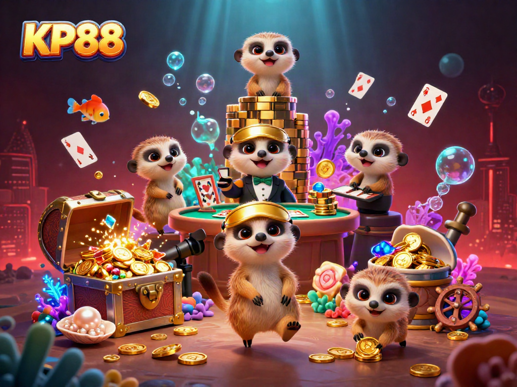 Experience winning thrills with KP88 in a vibrant meerkat casino adventure illustration.