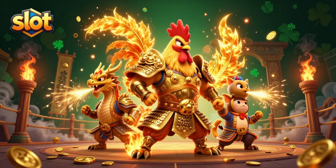 Memainkan slot dengan ayam jantan bertarung dan anak naga bersinar di arena kasino