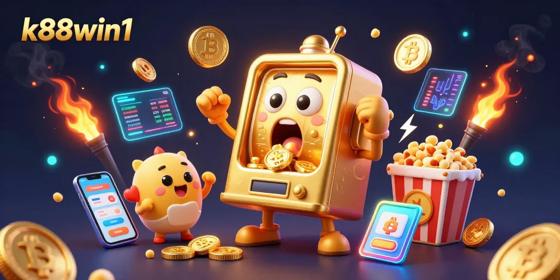 Celebrate the exciting wins at k88win1 with vibrant, cartoonish slots, coins, and dynamic casino elements!