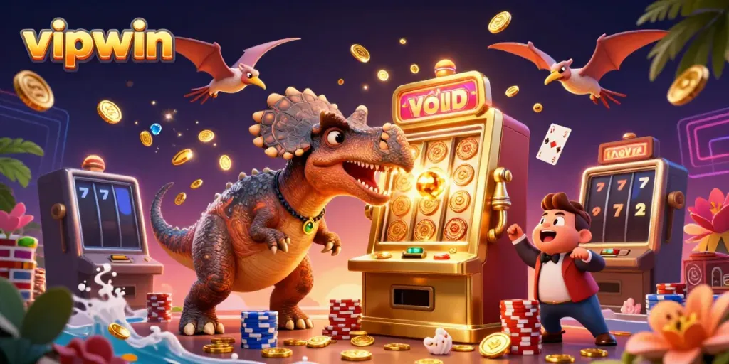 vipwin engages players with a thrilling cartoon scene of creatures in a vibrant casino environment.