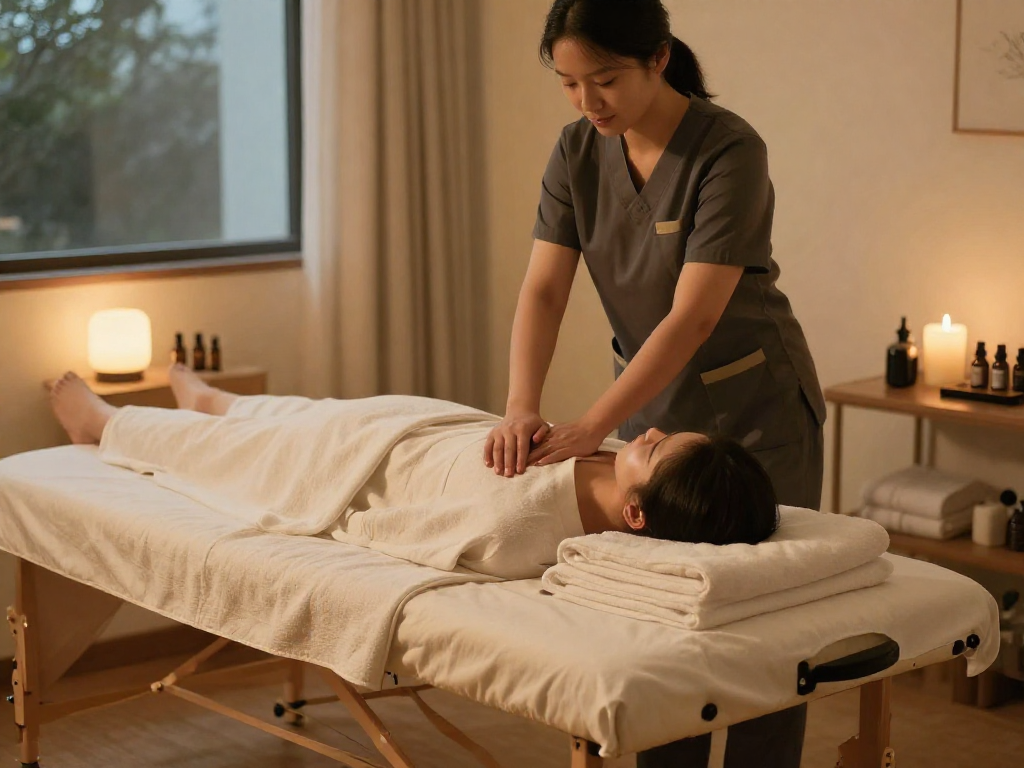 Experience premium 시흥출장마사지 with a serene therapist setting up for a relaxing session.