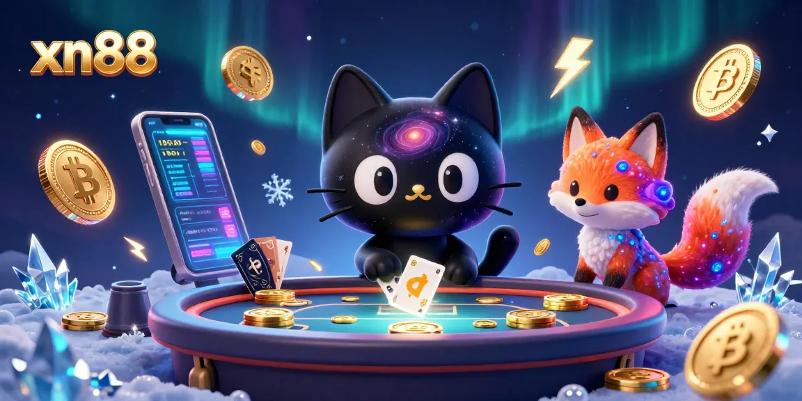 Engage with xn88 at a dynamic cosmic casino table with swirling galaxies and vibrant cryptocurrency elements.