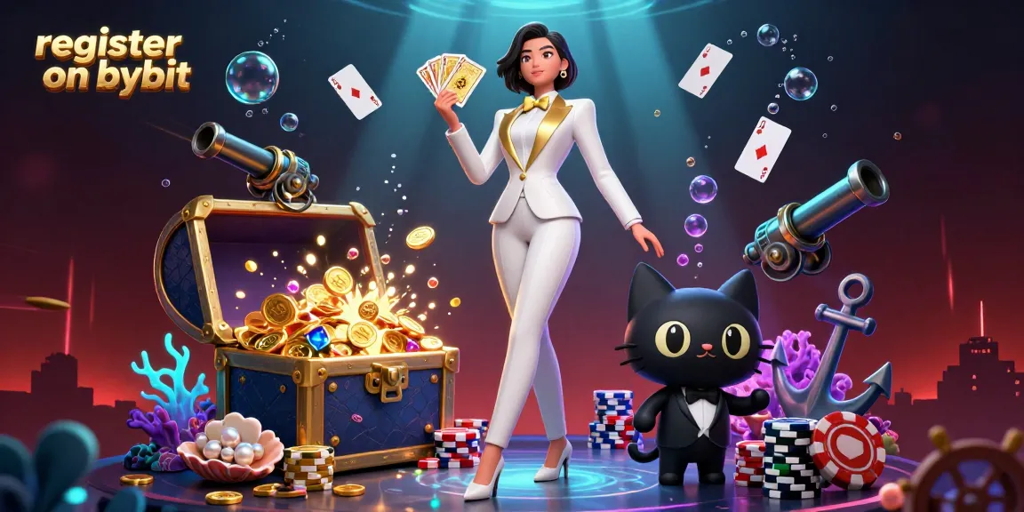 Register on Bybit to win big with this dynamic casino-themed illustration highlighting gambling elements.