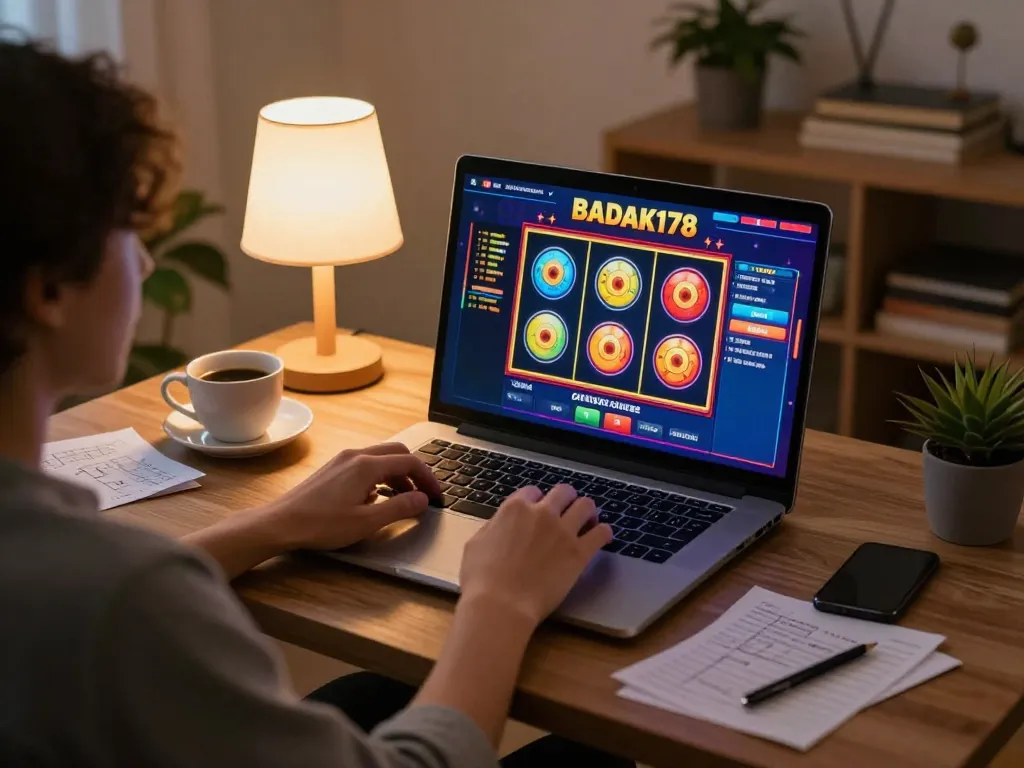 Player engaging with BADAK178 online slots interface, capturing the excitement of home gaming.