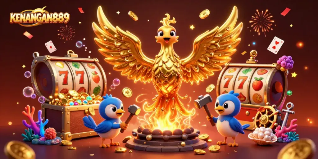 Play exciting slots at KENANGAN889 with a vivid 3D illustration of a golden phoenix amidst a treasure-filled scene.