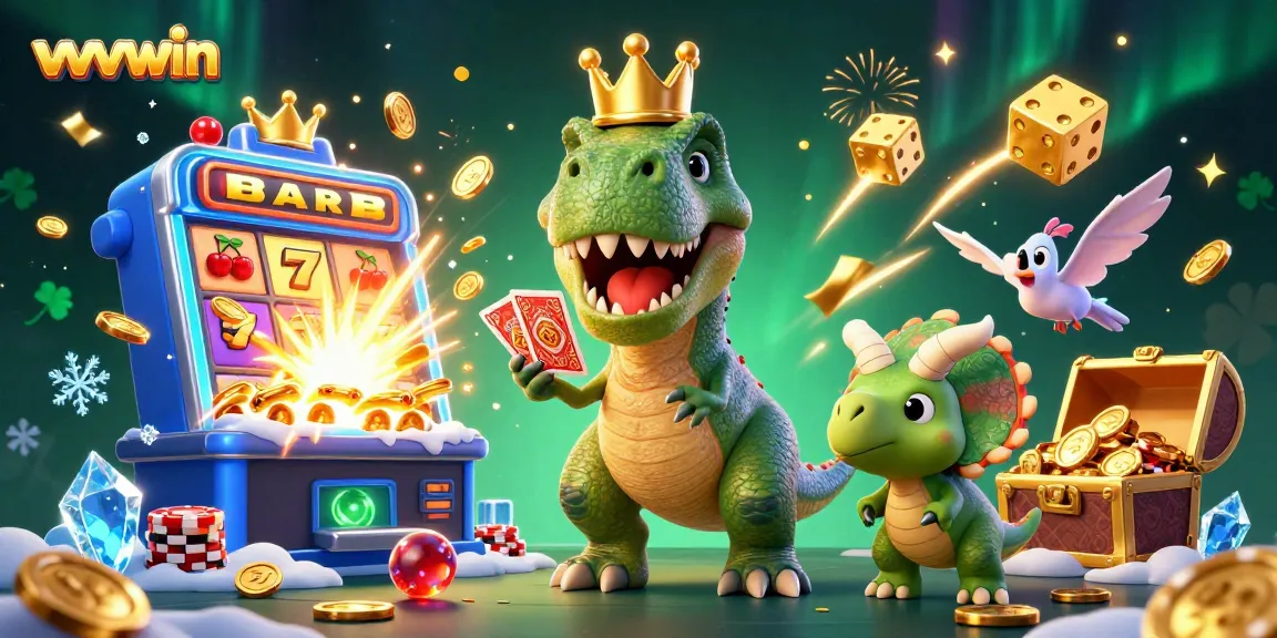 Play exciting games at vvvwin with a T-Rex shuffling cards, while vibrant casino elements burst around.