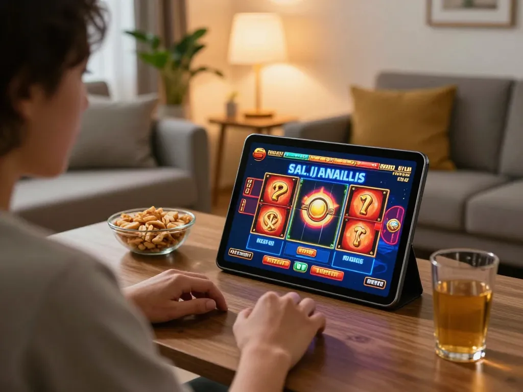 Player enjoying online slot games at home, highpointawards ambiance promotes engaging gaming experience