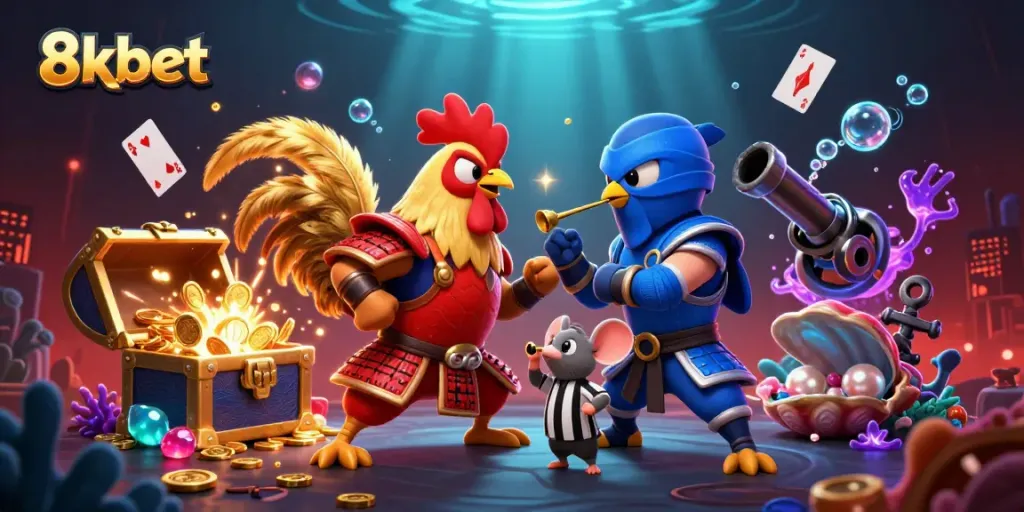 Battle between roosters at 8xbet showcases thrilling gambling excitement with golden coins and gems.