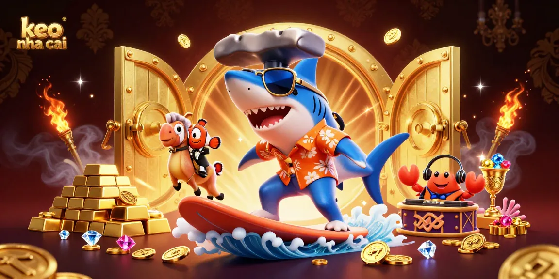 Bet on keo nha cai while a shark surfs waves of gold coins amidst jewels and treasures.
