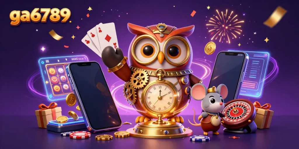 Experience thrilling action with ga6789 as the steampunk owl and mouse dive into a vibrant casino world.