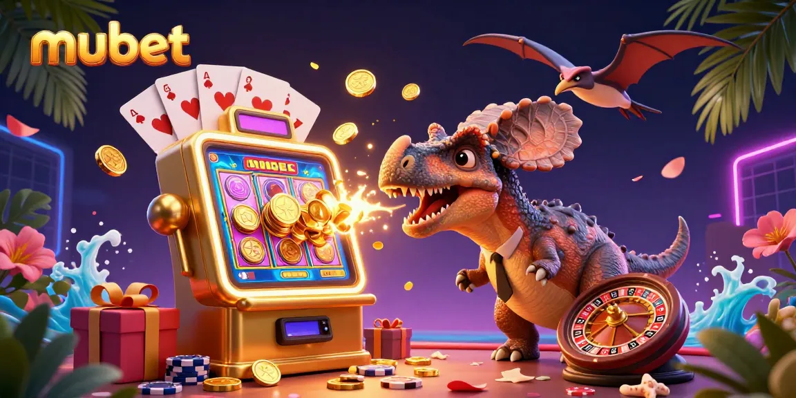 Experience the excitement of mubet with a giant pachycephalosaurus jackpot scene featuring a golden slot machine.