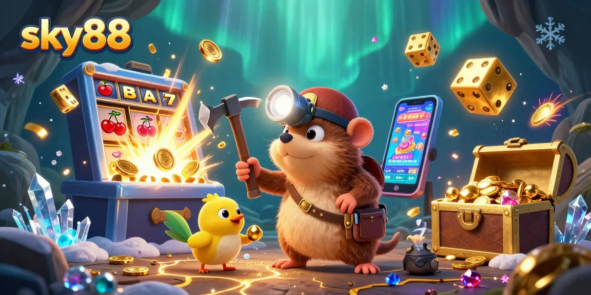 Experience exciting wins at sky88 while a treasure hunter mole finds golden gems amid scattered casino elements.