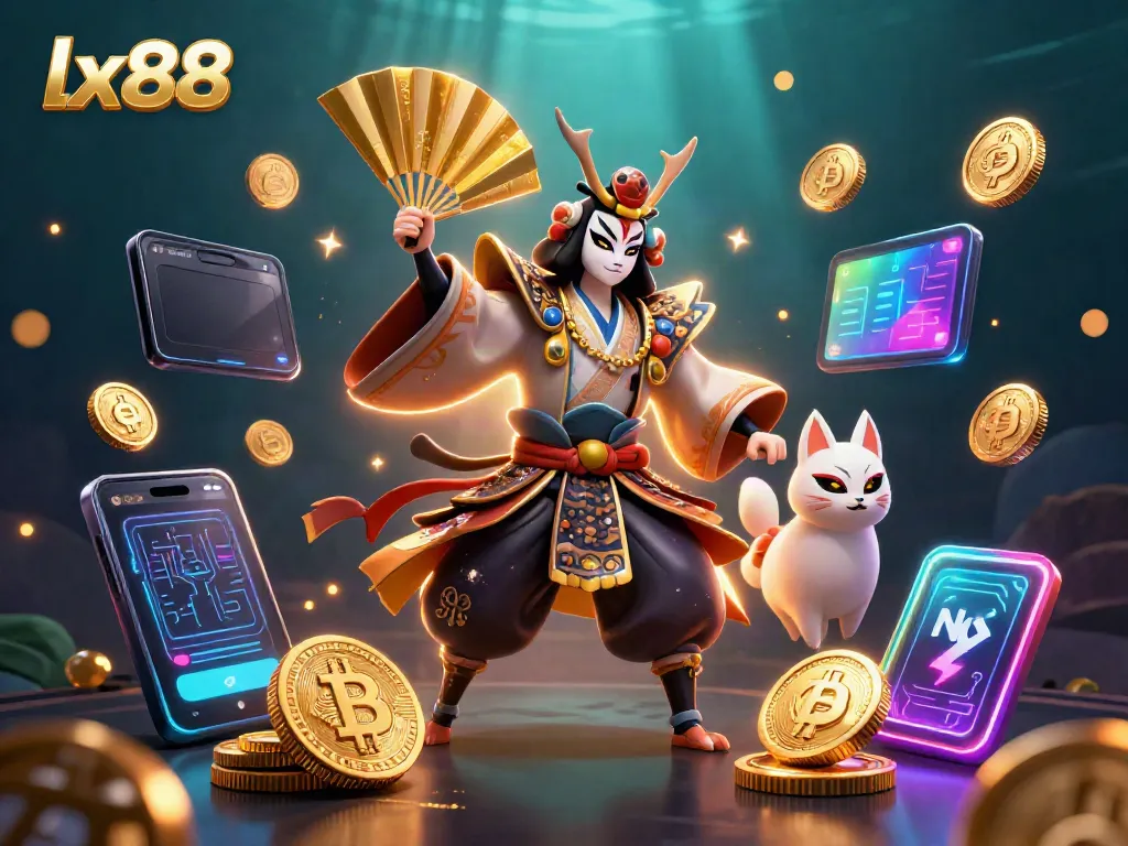 Experience thrilling gaming action at lx88 with kabuki characters and cryptocurrency motifs.
