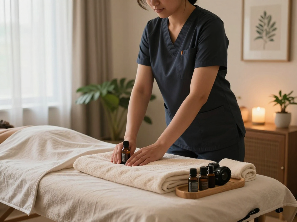 Comfortable setup for 잠실출장마사지 in a serene home environment with soothing oils and gentle lighting.