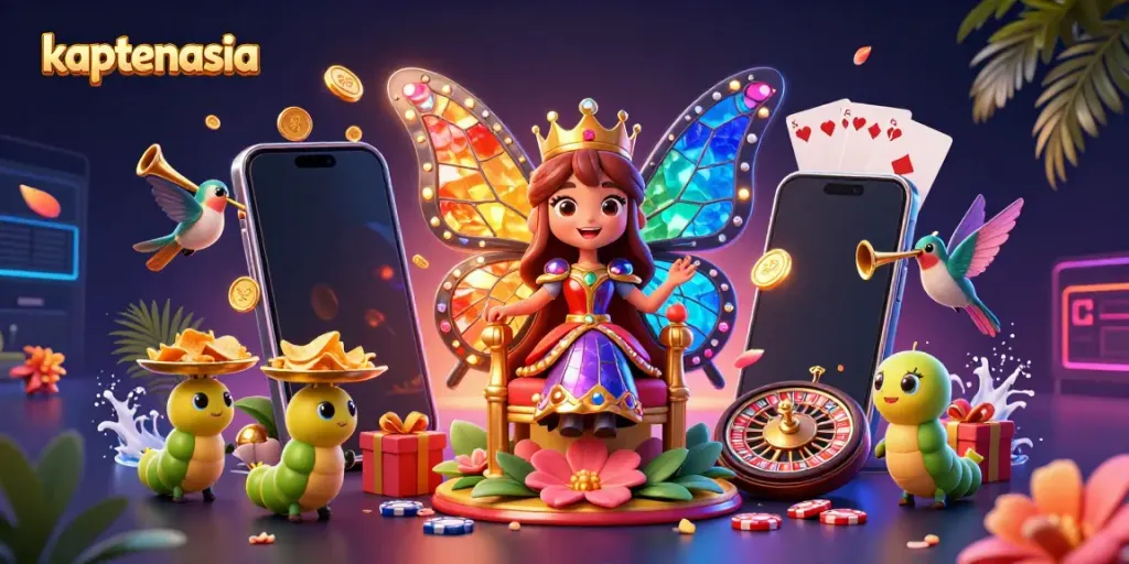 Gambarkan kegembiraan bermain di kaptenasia dengan ilustrasi kasino klasik dan karakter 3D melambangkan jackpot.