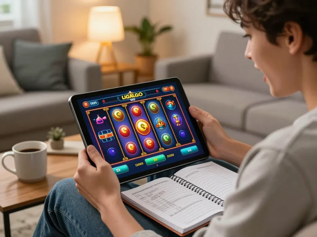 LIGALGO SLOT gameplay on a tablet with spinning reels presents exciting online casino experience