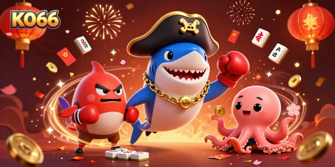 KO66 gambling action scene with animated pirate shark, pufferfish, and octopus amidst casino elements.