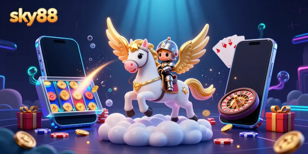 Engage with sky88's vibrant 3D world featuring dynamic casino elements, promoting thrilling gaming experiences.
