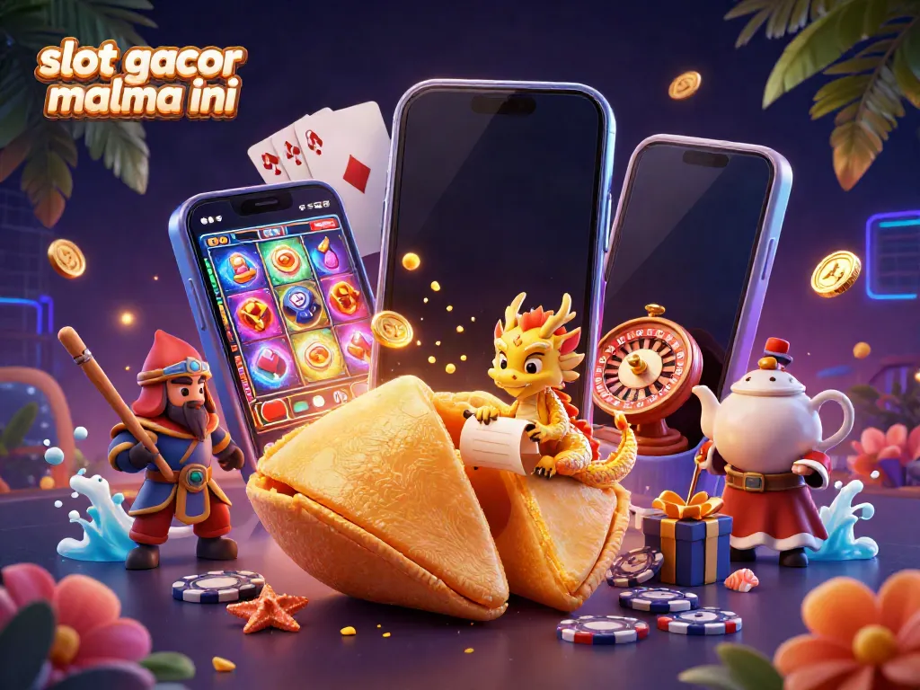 Experience the excitement of slot gacor malma ini with dynamic 3D visuals showcasing a golden fortune cookie and vibrant casino elements.