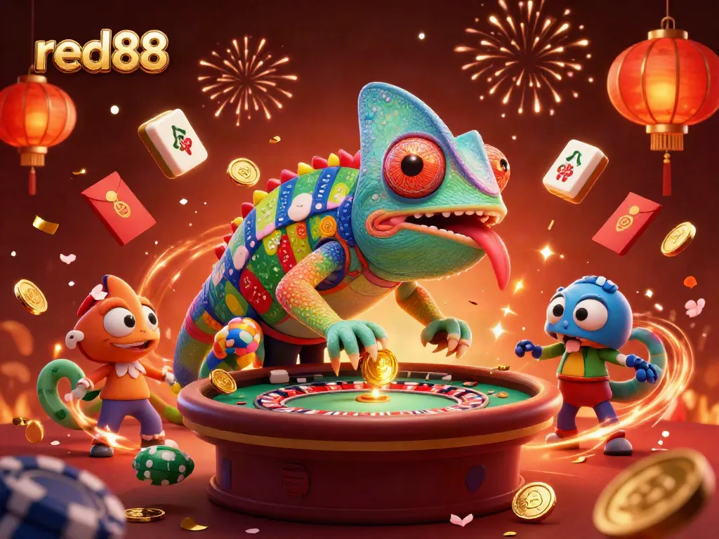 Experience the vibrant excitement of red88's online casino with a chameleon proprietor amidst magical gaming elements.