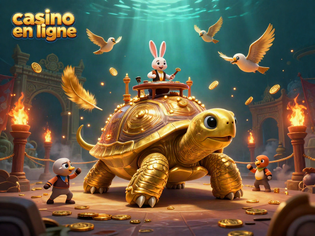 Jouez à casino en ligne avec une tortue dorée porteuse d'un casino miniature et un croupier.