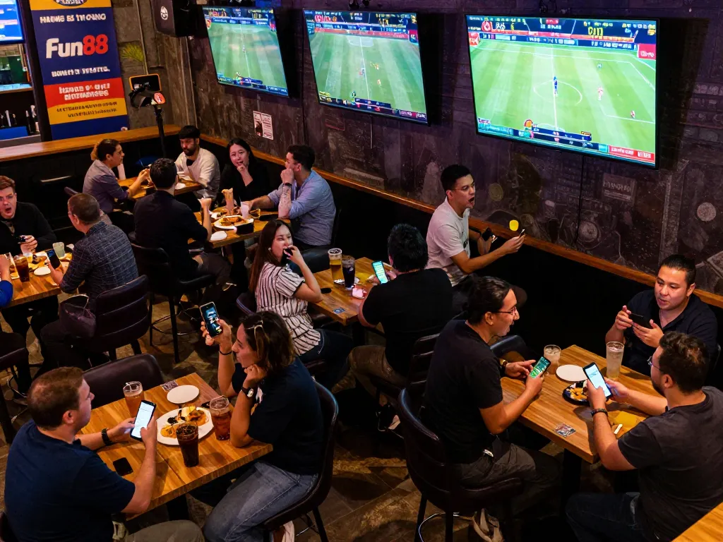 Excited group of bettors engaging with fun88 betting app during live sports event