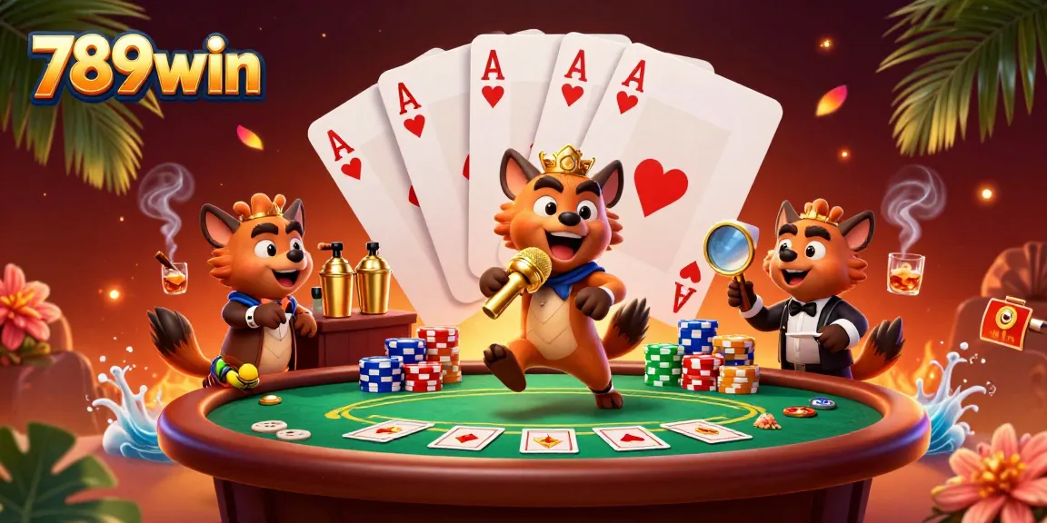 Experience the exciting atmosphere of 789win's casino with lively hyenas, poker tables, and vibrant game elements.