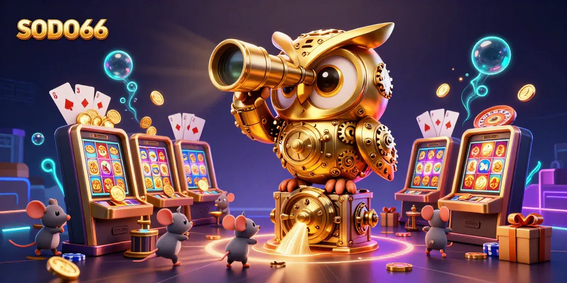 SODO66 characters revel in a vibrant casino setting, showcasing lively slot action and engaging gaming elements.