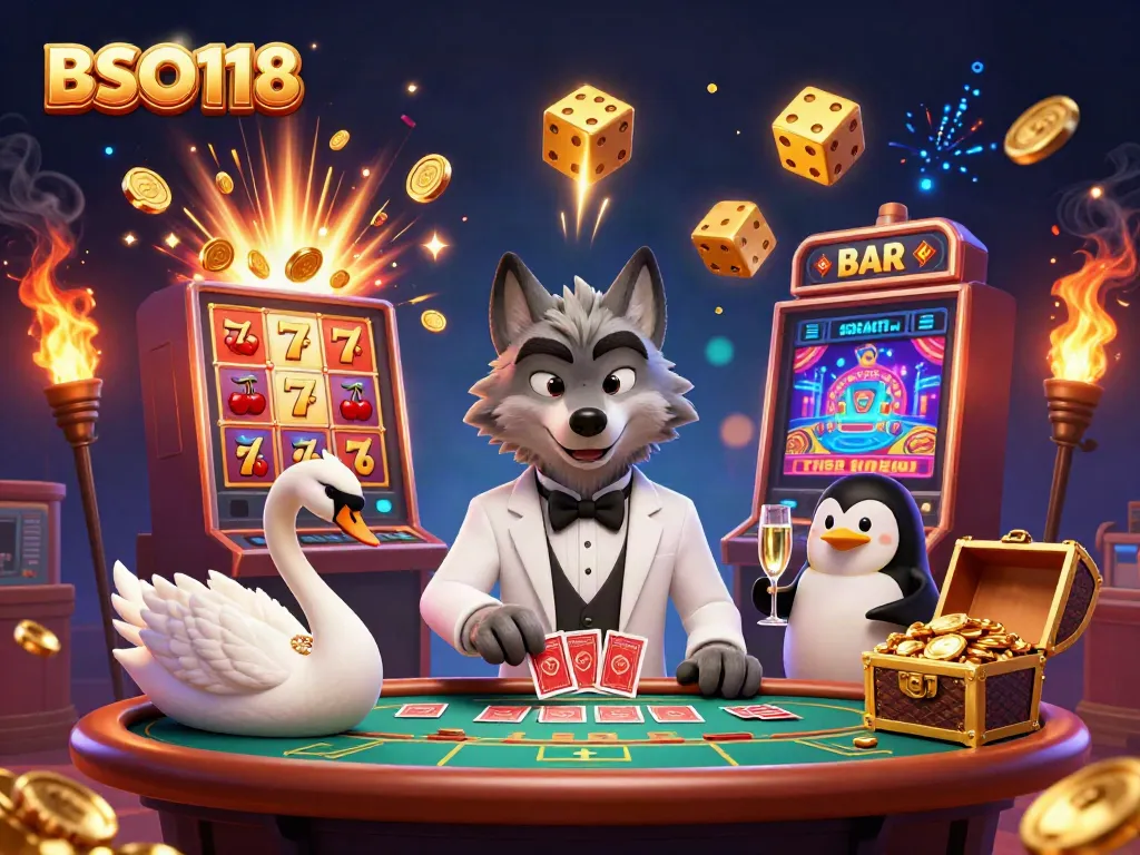 BSO118 showcases thrilling baccarat with a debonair wolf and elegant characters at a vibrant casino