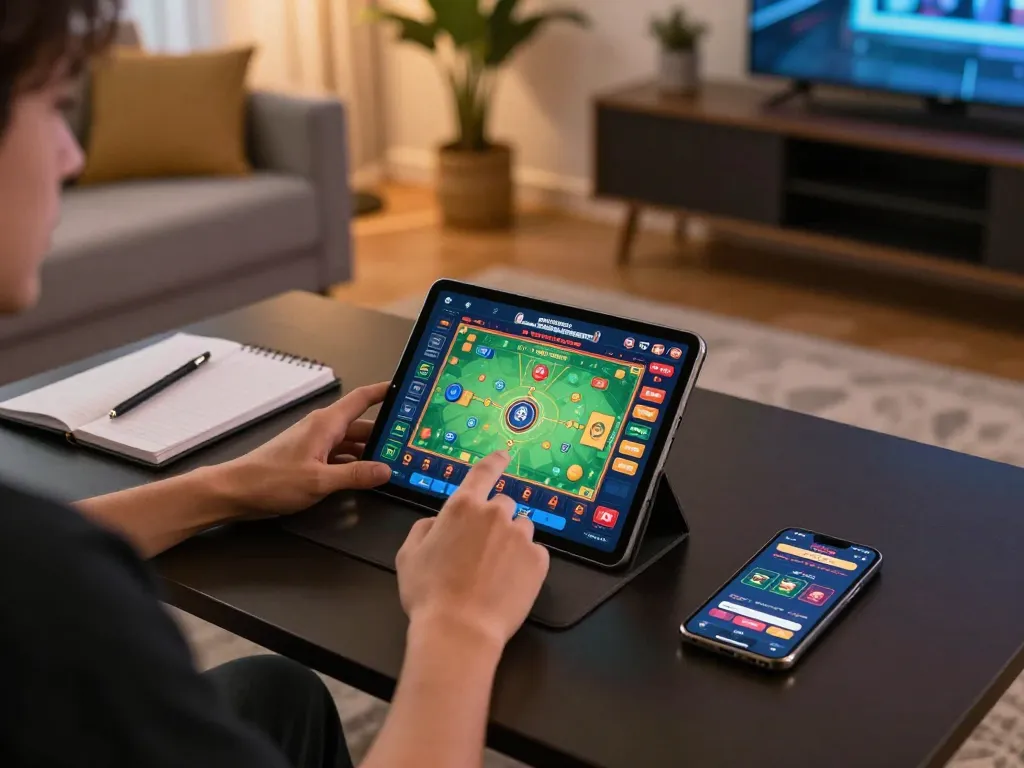Player enjoying a tablet casino game at home, highlighting strategic gameplay with 68gamebaivn